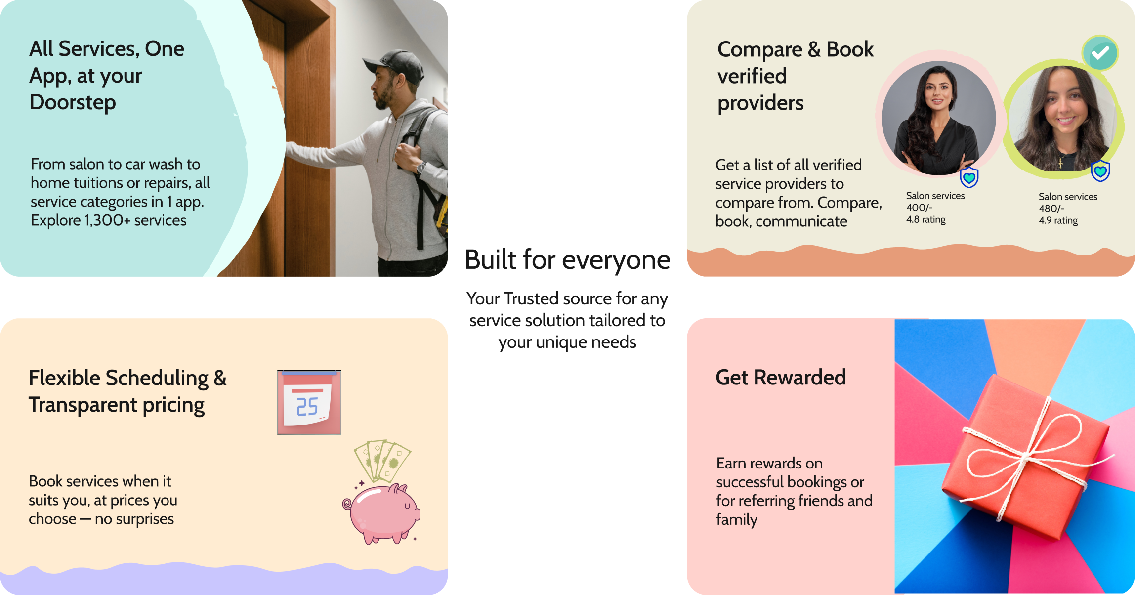 CuDel platform features including doorstep services, verified provider comparison, flexible pricing and scheduling, and referral rewards 