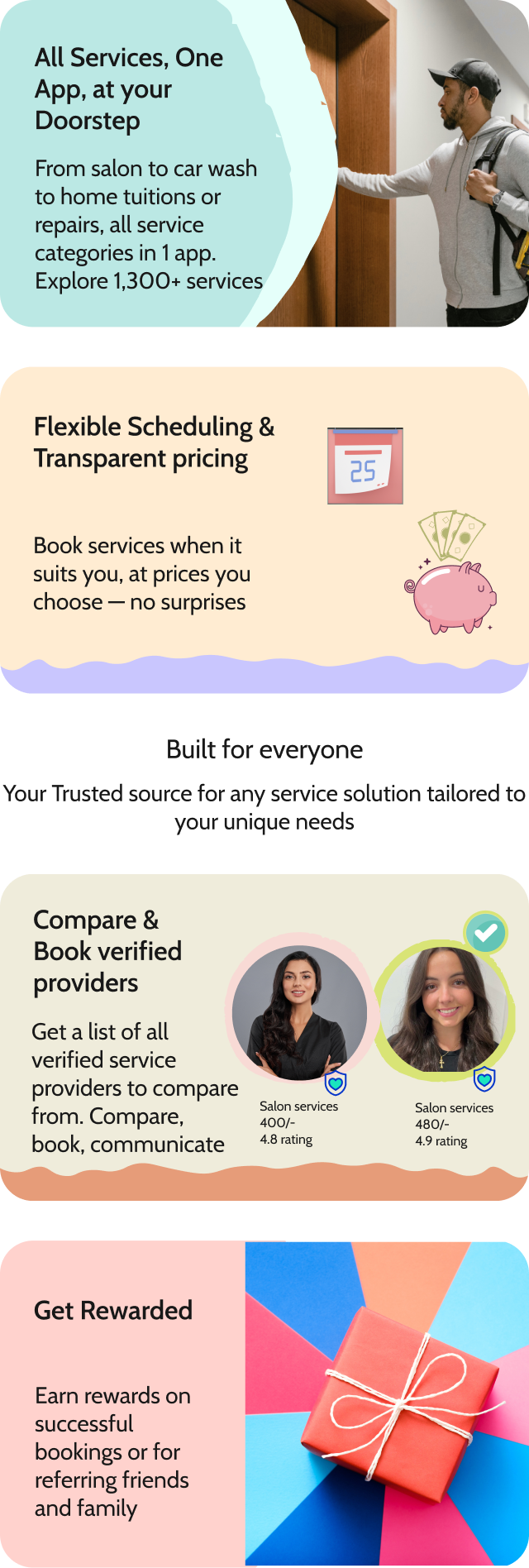 CuDel platform features including doorstep services, verified provider comparison, flexible pricing and scheduling, and referral rewards 